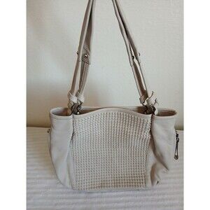 B Makowsky Soft Genuine Leather Woven Cream Top Handbag Purse Bag Classic Luxury